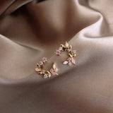 Copper Inlay Zircon Flower Leaf Earrings