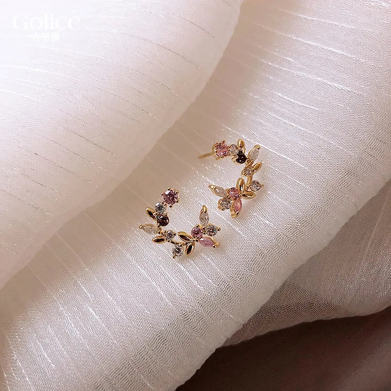 Copper Inlay Zircon Flower Leaf Earrings