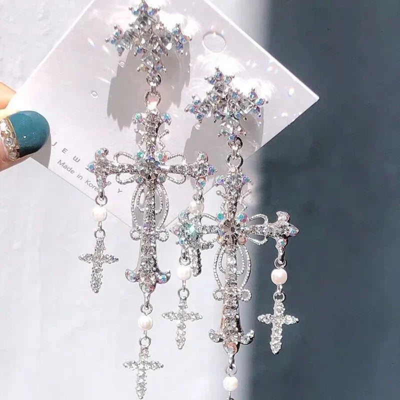 Silver Crystal Pearl Cross Dangle Earrings For Women Party Jewelry