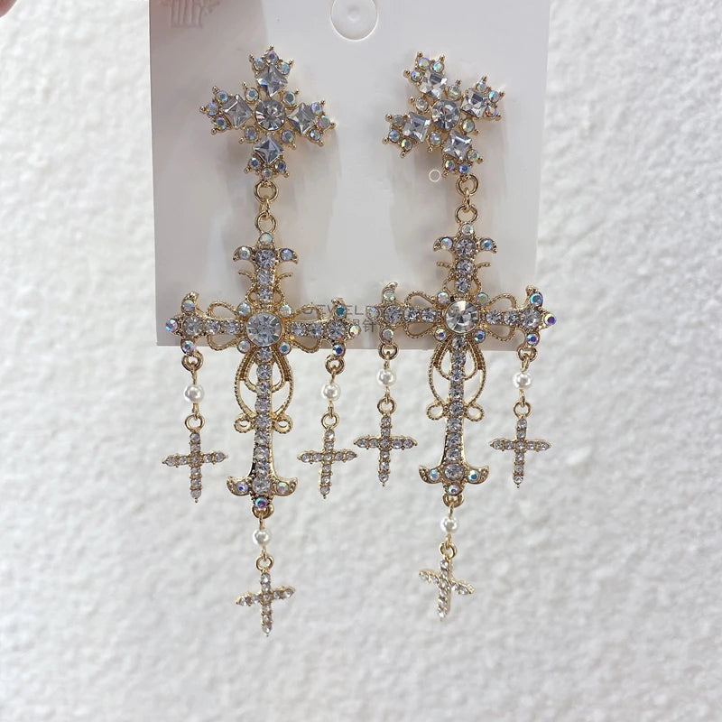 Silver Crystal Pearl Cross Dangle Earrings For Women Party Jewelry
