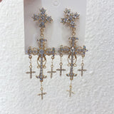 Silver Crystal Pearl Cross Dangle Earrings For Women Party Jewelry