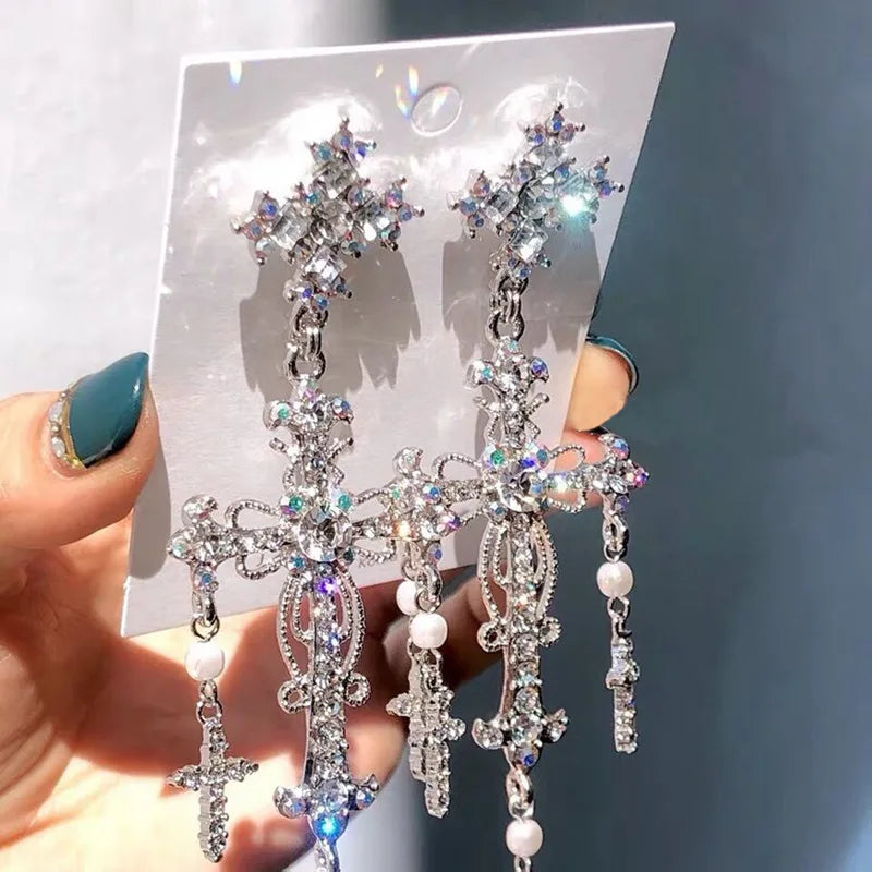 Silver Crystal Pearl Cross Dangle Earrings For Women Party Jewelry