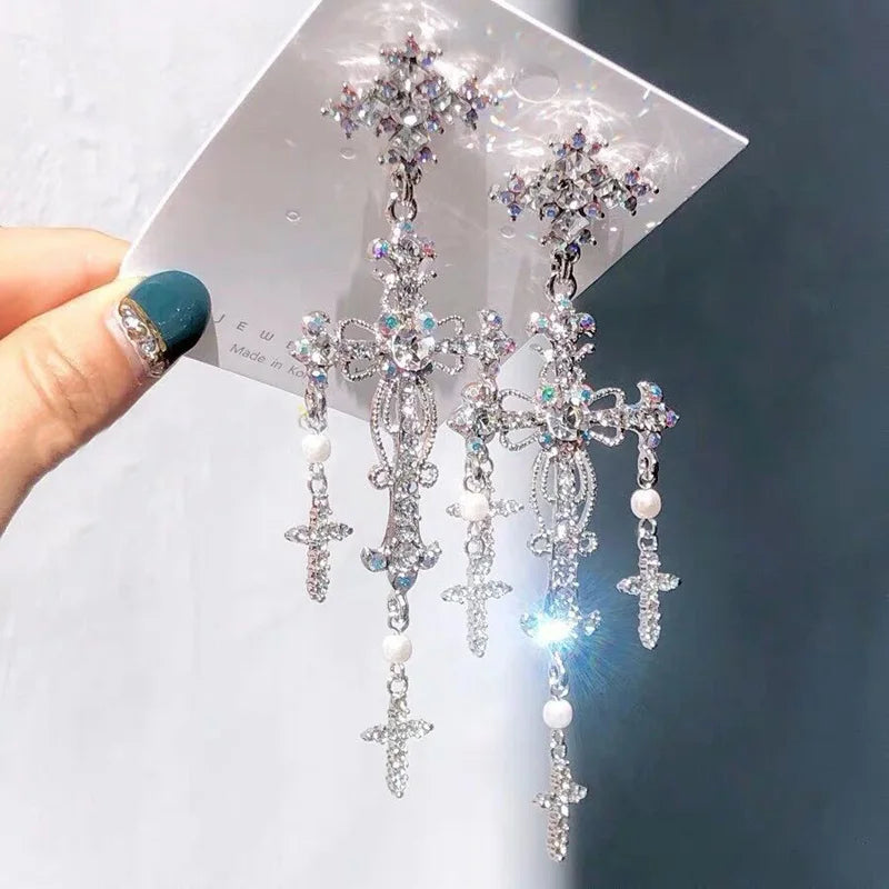 Silver Crystal Pearl Cross Dangle Earrings For Women Party Jewelry