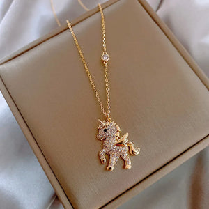 Personality Rhinestones Unicorn Pendant Necklace Sweet Girl Women Jewelry