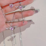 Crystal Angel Wings Heart Pendant Necklace and Wing Earrings Set