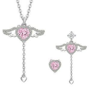 Crystal Angel Wings Heart Pendant Necklace and Wing Earrings Set