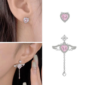 Crystal Angel Wings Heart Pendant Necklace and Wing Earrings Set