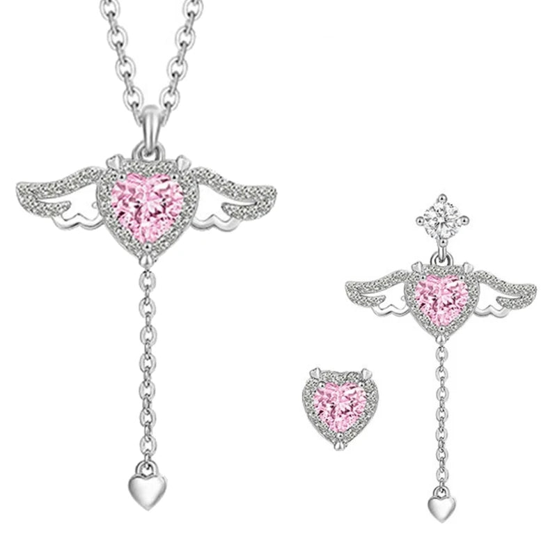 Crystal Angel Wings Heart Pendant Necklace and Wing Earrings Set
