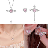 Crystal Angel Wings Heart Pendant Necklace and Wing Earrings Set