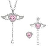 Crystal Angel Wings Heart Pendant Necklace and Wing Earrings Set
