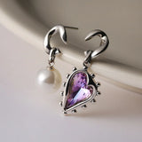 925 Sterling Silver Asymmetry Pearl Stud Earring Purple Crystal