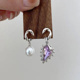 925 Sterling Silver Asymmetry Pearl Stud Earring Purple Crystal