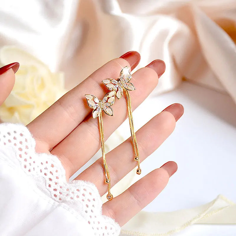 Romantic Butterfly Earrings Long Zircon Tassel Stud Jewelry