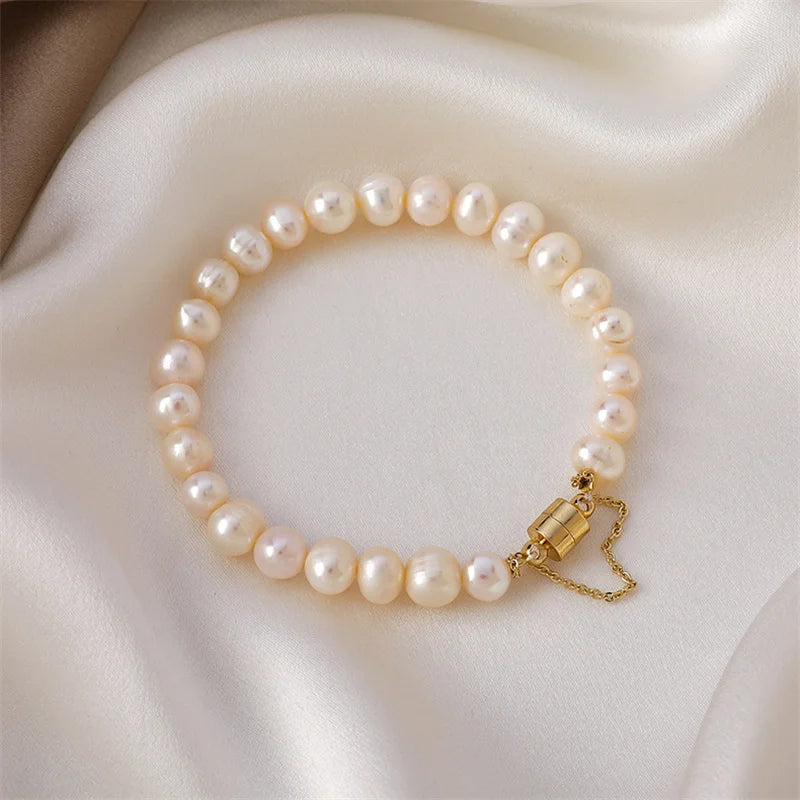 Round Magnet Buckle Pearl Bracelet Minimalist Style Beaded Handjewelry