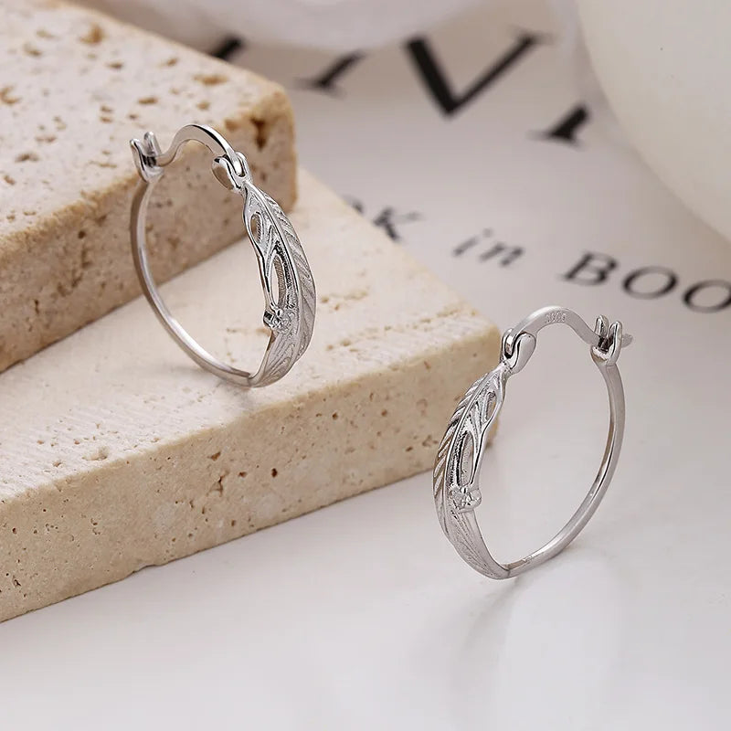 Sterling Silver Crystal Feather Hoop Earrings Wedding Party Jewelry