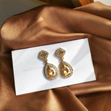 Champagne Water Drop Crystal Clip Earrings Retro Shinny Rhinestone Clip Earrings