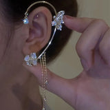 Zircon Flower Butterfly Ear Cuff Tassel Clip Earrings
