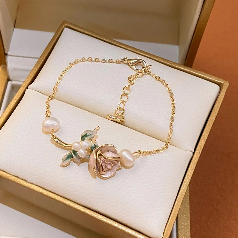 Pearl Rose Flower Bracelets For Women