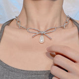 Bowknot Pendant Necklace with Zircon Inlay for Women