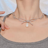 Bowknot Pendant Necklace with Zircon Inlay for Women