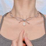 Bowknot Pendant Necklace with Zircon Inlay for Women