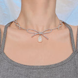Bowknot Pendant Necklace with Zircon Inlay for Women