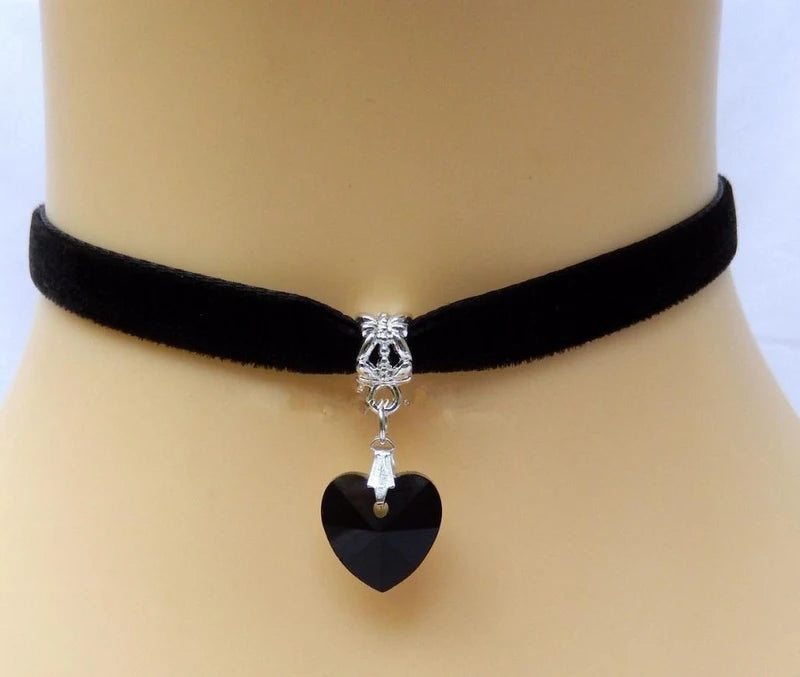 Colorful Velvet Choker Women Bohemian Love Heart Tiny Crystal Pendant Necklace