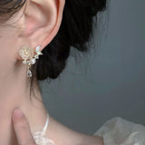 Moon Lingth Pearl Flower Earrings Zircon Clip On Earrings Without Piercing Ears