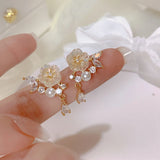 Moon Lingth Pearl Flower Earrings Zircon Clip On Earrings Without Piercing Ears