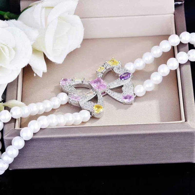 Colorful CZ Bowknot Pearl Bracelet for Women