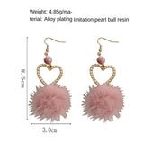 Pink Mink Fur Ball Clip Earrings Heart Shape No Piercing