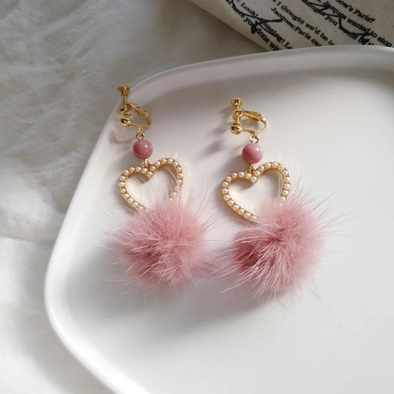 Pink Mink Fur Ball Clip Earrings Heart Shape No Piercing