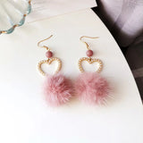 Pink Mink Fur Ball Clip Earrings Heart Shape No Piercing