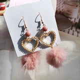 Pink Mink Fur Ball Clip Earrings Heart Shape No Piercing
