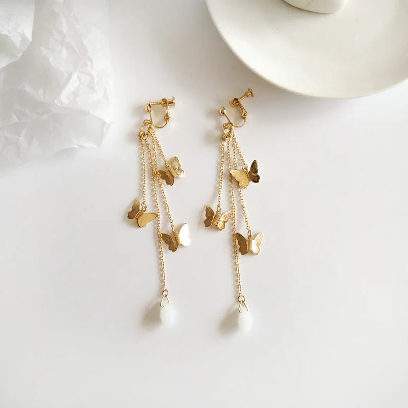 Retro Fairy Butterfly Tassel Clip-on Earrings No Piercing