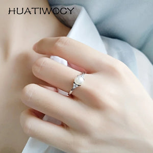 925 Silver Pearl Zircon Gemstone Open Finger Ring for Women