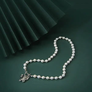 S925 Sterling Silver Butterfly Necklace with Zircon and Pearl