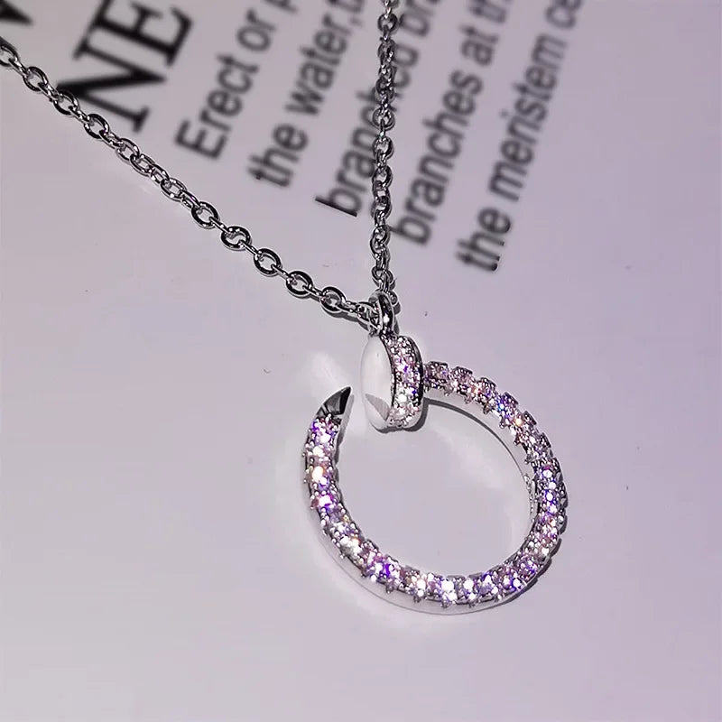 Geometric Nail Necklace with Cubic Zirconia Pendant