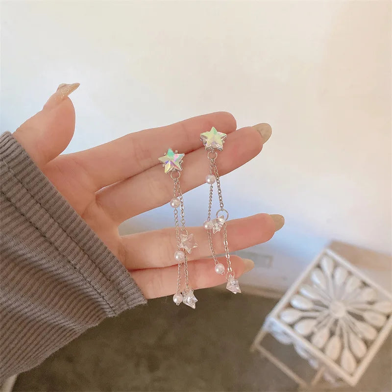 Shinny Star Tassel Earrings Ear Clips Pearl Star Clip on Earrings