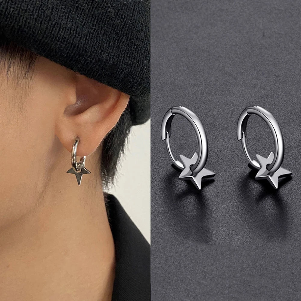 Pentagram Star Hoop Earrings Men's Hip hop Punk Party Jewelry