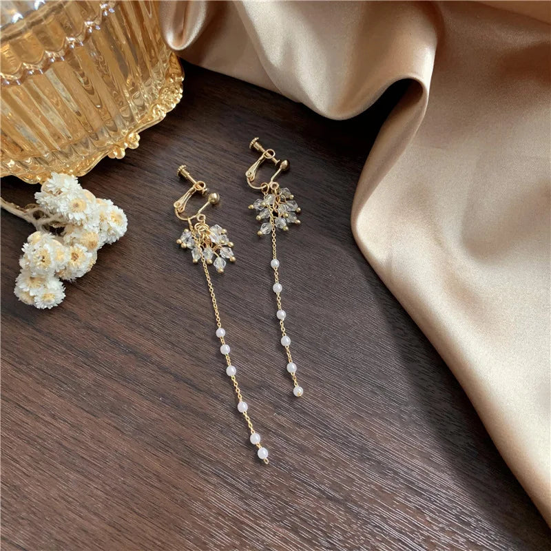 Crystal Flower Tassel Clip Earrings for Women