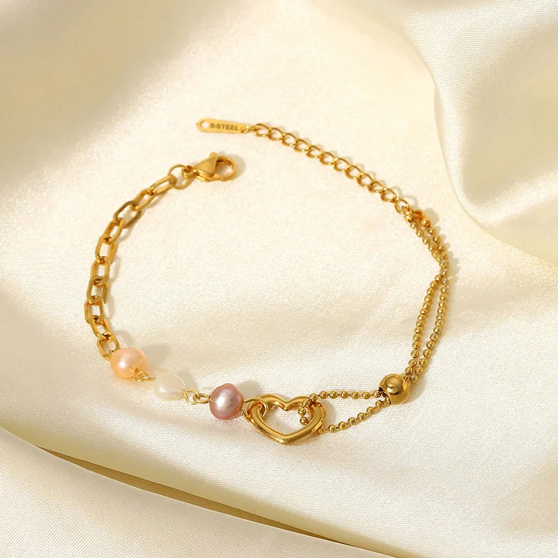 Summer Pearl Chain Bracelet Stainless Steel Heart Charm Bracelet