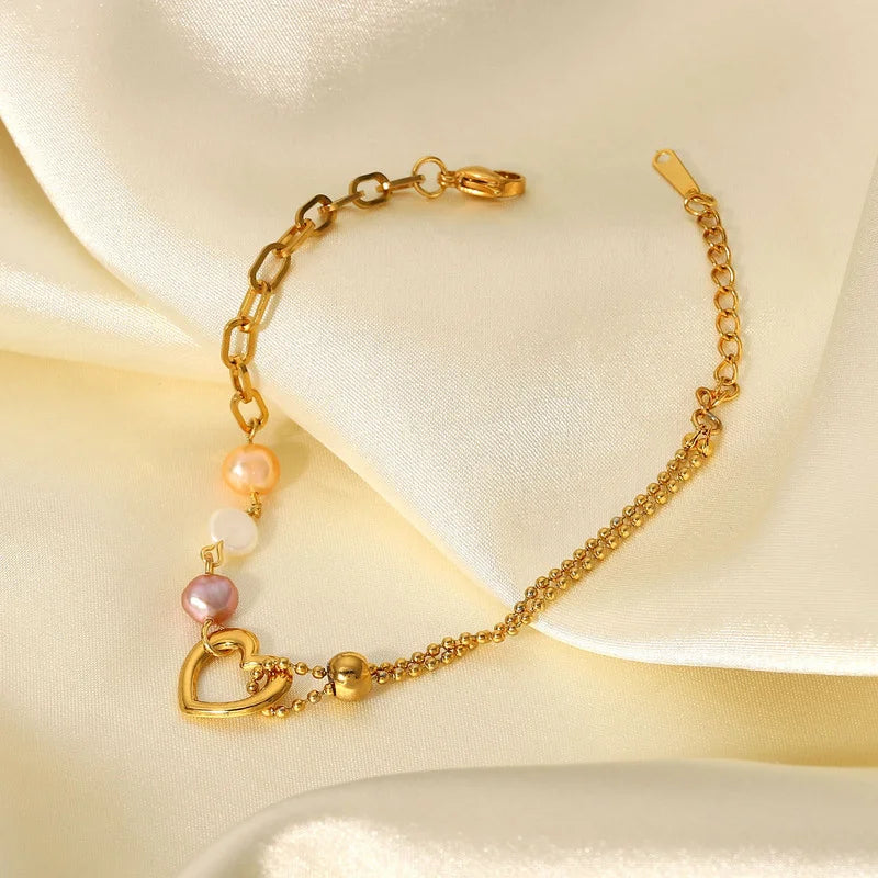 Summer Pearl Chain Bracelet Stainless Steel Heart Charm Bracelet