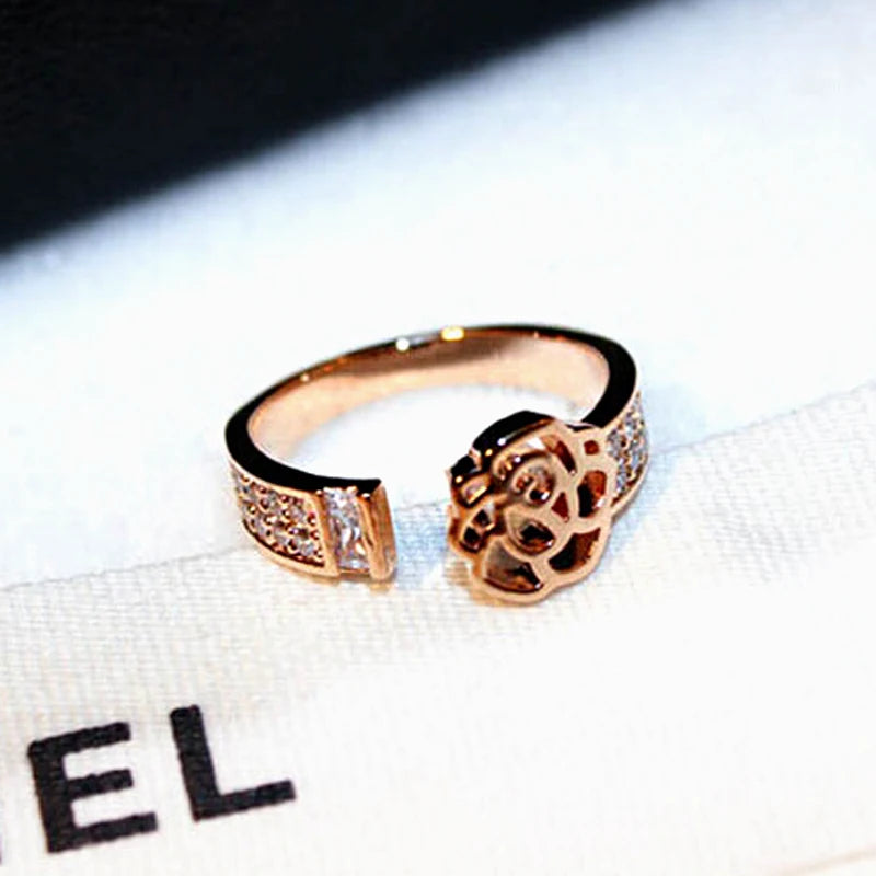Crystal Rose Flower Rings 14k Plated Open Adjustable Ring