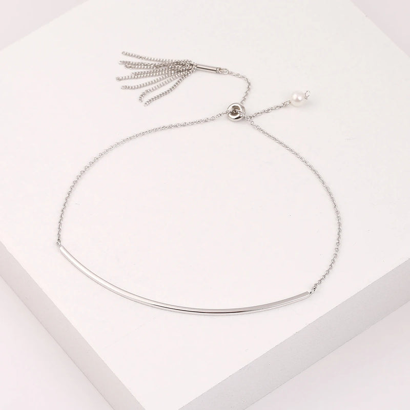 925 Sterling Silver Long Bar Charm Tassels Bracelet for Women Lady