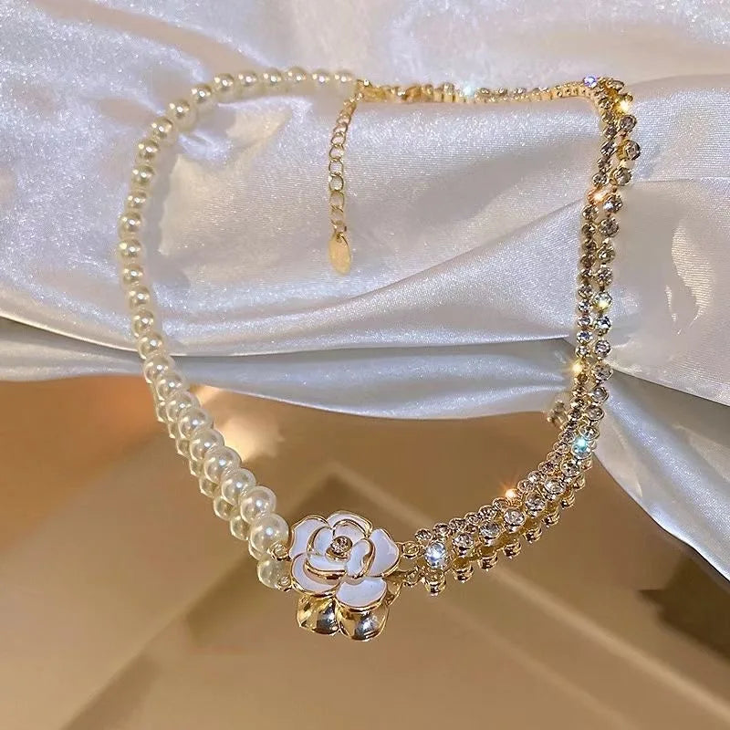 Vintage Pearl Camellia Necklace for Women