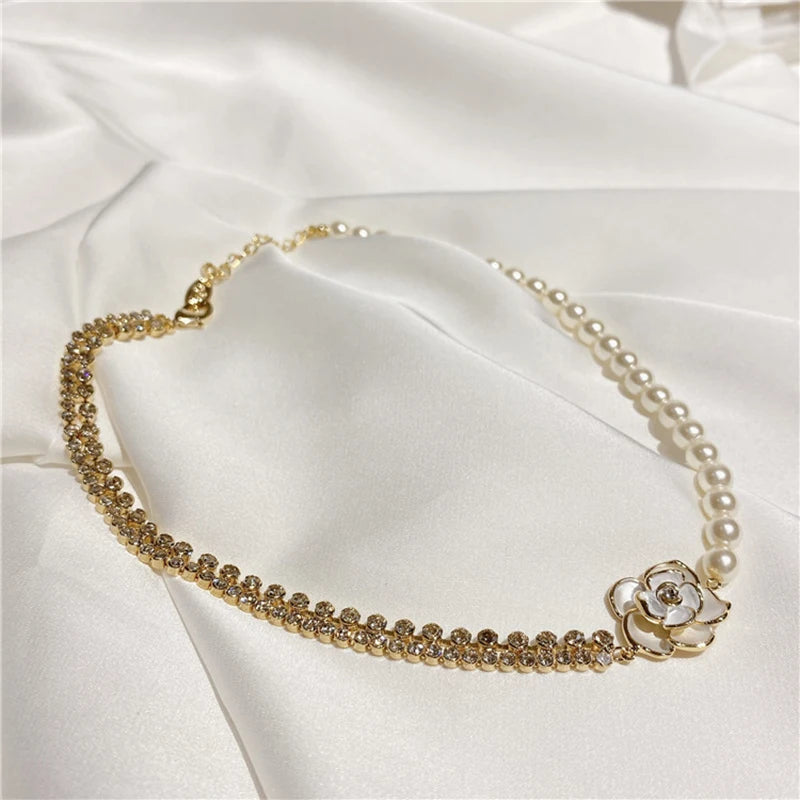 Vintage Pearl Camellia Necklace for Women
