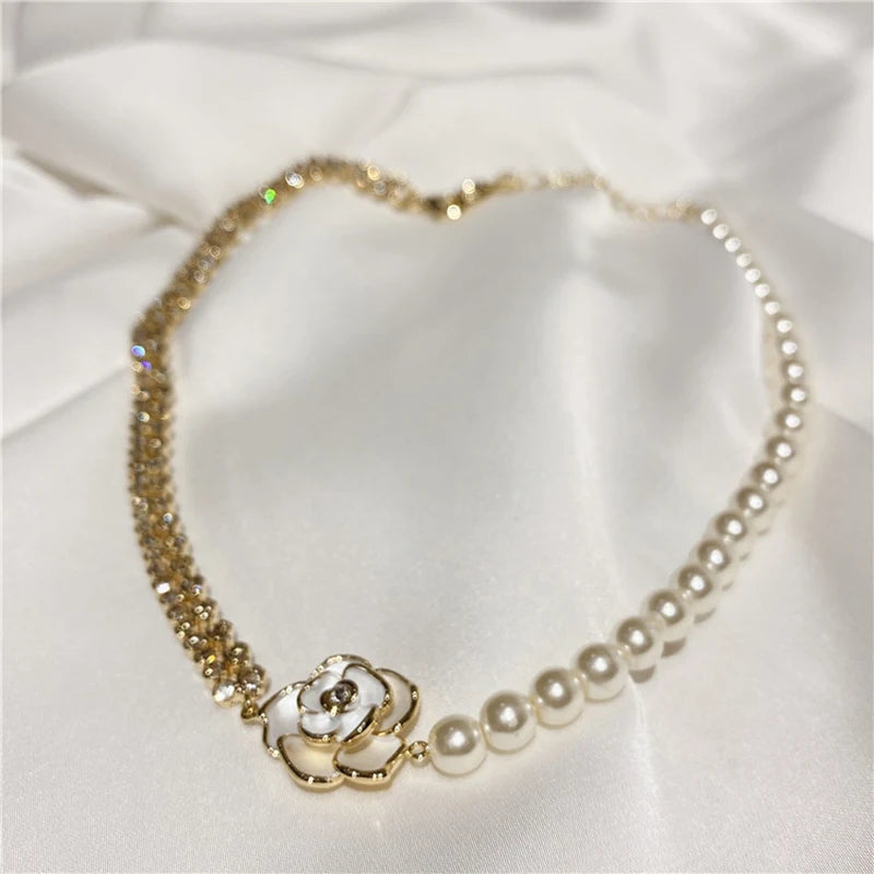 Vintage Pearl Camellia Necklace for Women