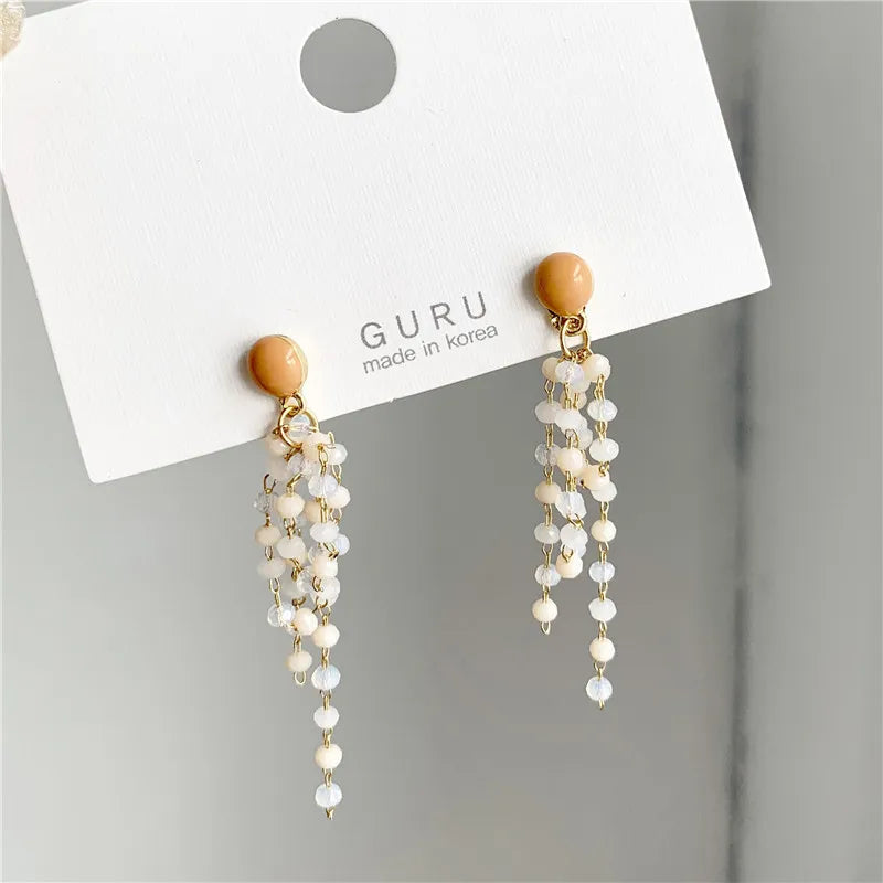 Crystal Beads Tassel Ear Clips Long Tassel Clip on Earring Without Piercing