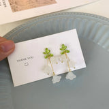 Green Paint Flower Tassel Earrings Lily of The Valley Clip on Earrings